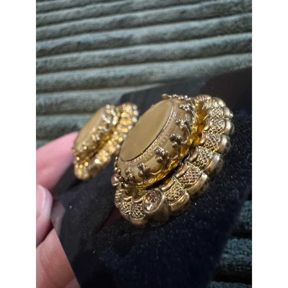 Vintage W. Germany Gold Tone Oval‎ Clip On Earrings Elegant Rhinestone Accents